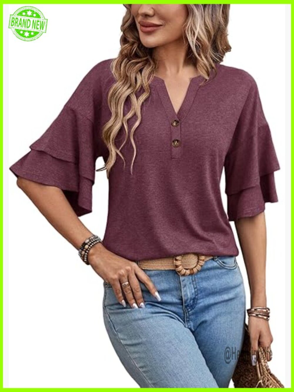 V-Neck Bell Sleeve Blouse 3/4 Length Ruffle Top Lightweight Rayon Blend